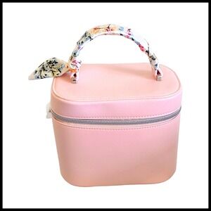 Bluemercury Pink Vegan Leather‎ Vanity Train Case Floral Scarf Handle Travel Bag
